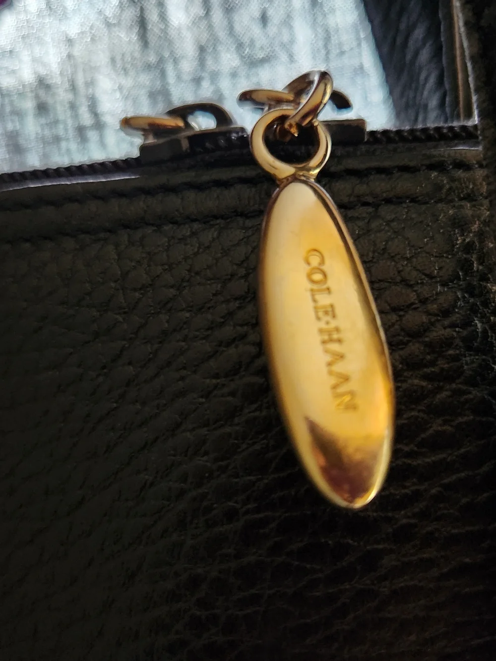 Cole Haan Navy Pebbled Leather Laptop Tote with Gold Zipper Pulls